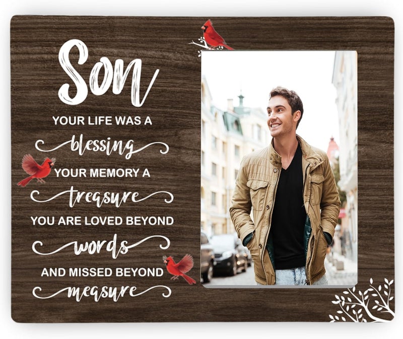 CAIFZ Son Memorial Wooden Picture Frame, In Loving Memory Remembrance Photo Frame Gifts for Son, Bereavement Sympathy Wooden Frame for Loss of Son, 4x6 inch Photo - Image 1
